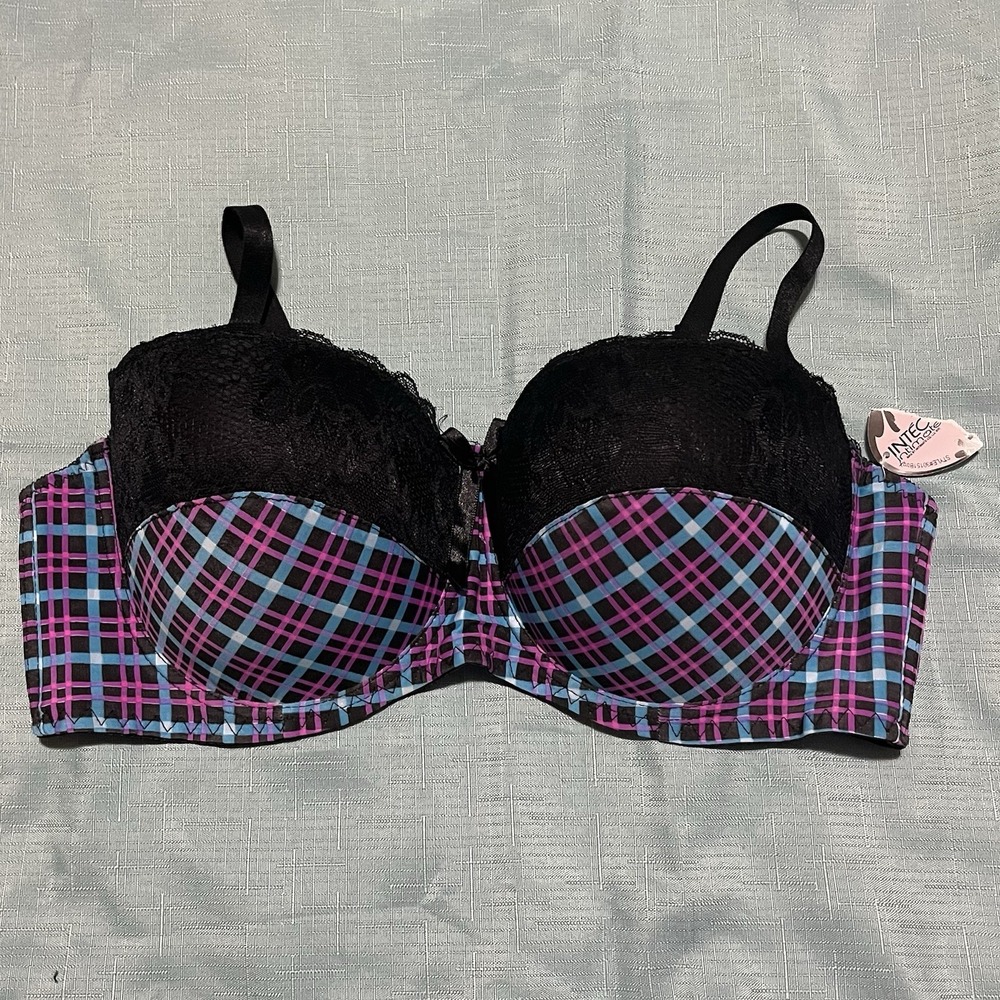 Inteco Intimate Sexy Womens‎ Underwire Bra 42D Plus Purple/Blue With Black Lace